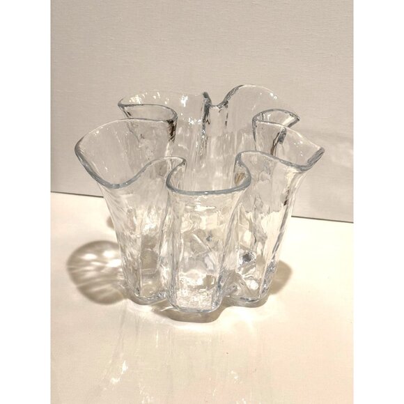 1970s Muurla "Eva" Scandinavian Clear Ice Handkerchief Ruffled Art Glass Vase - Picture 2 of 7